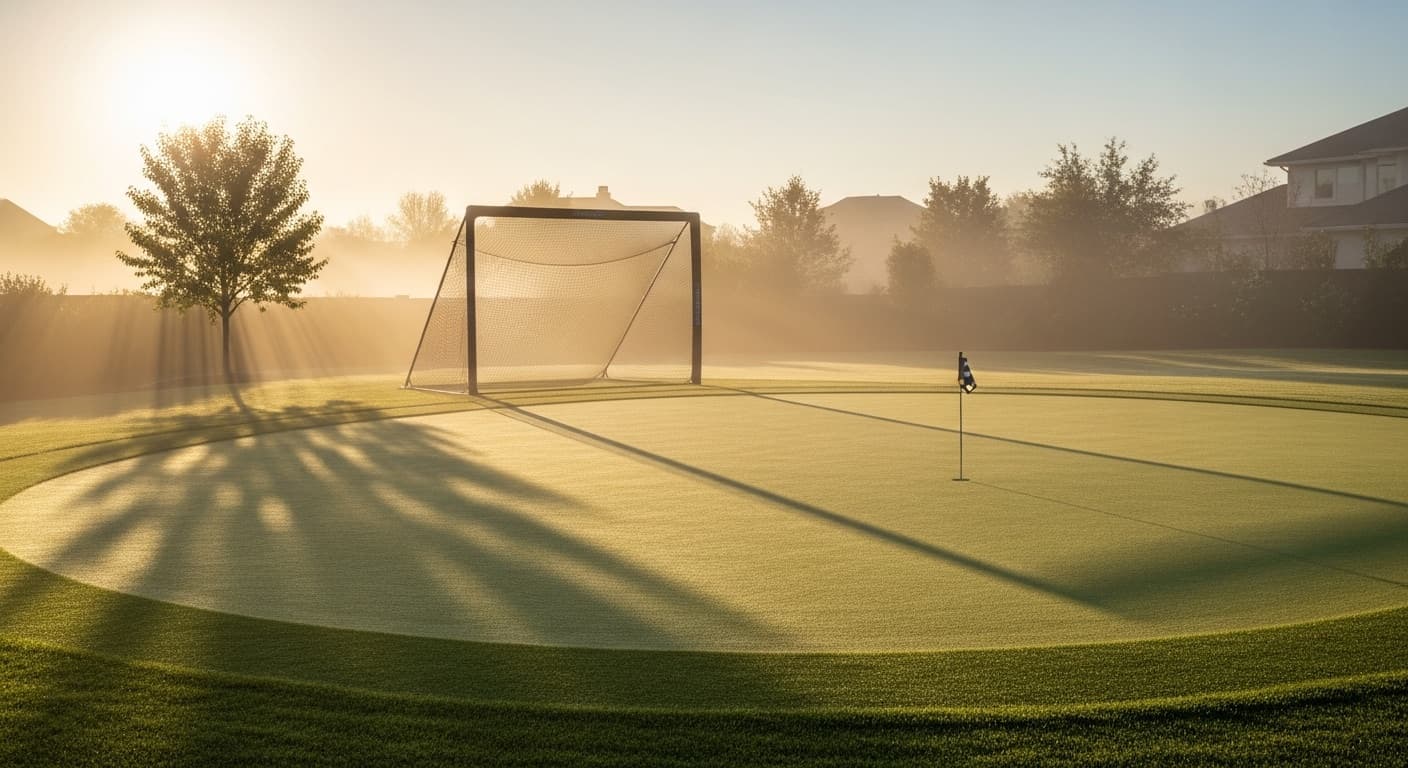 A backyard putting green in early morning light