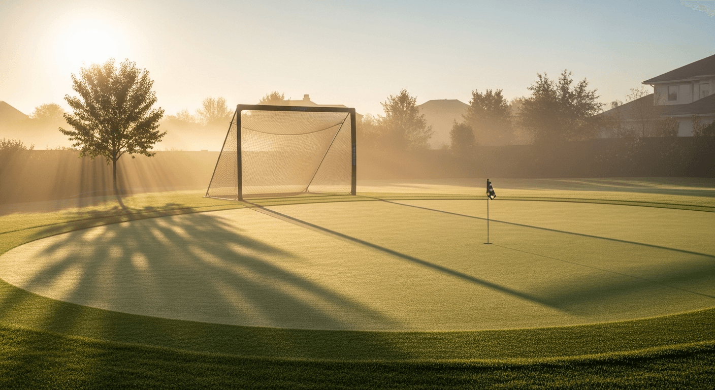 Neighborhood golf lesson setup at golden hour