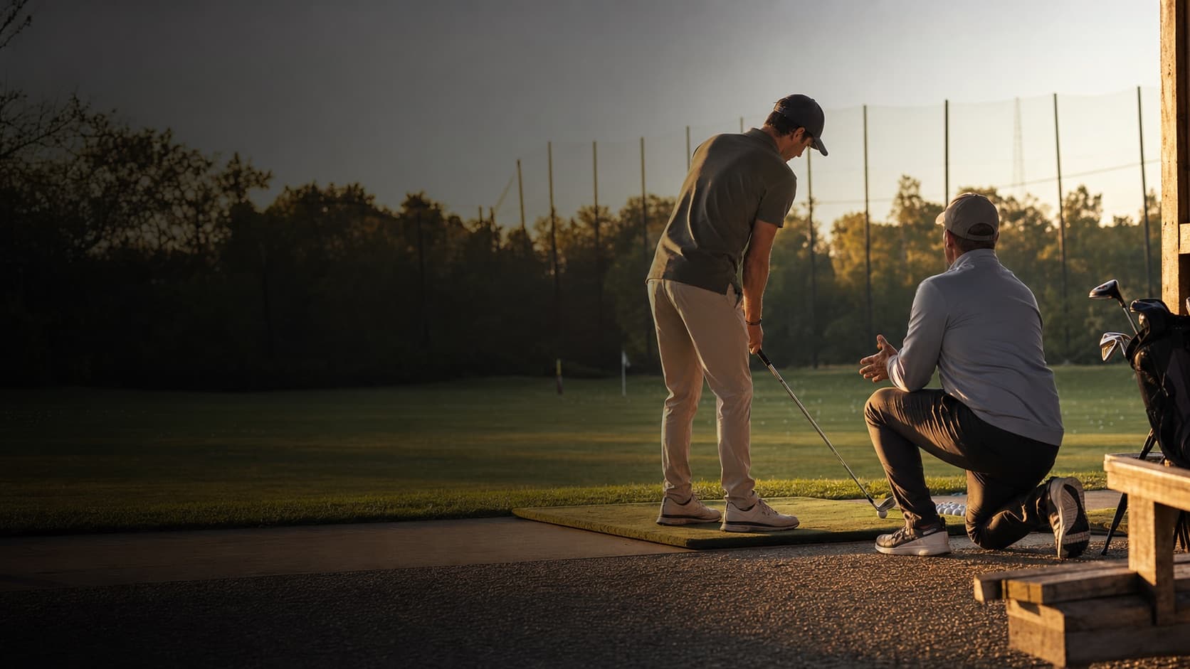 A coach speaking with a golfer on a golf practice range