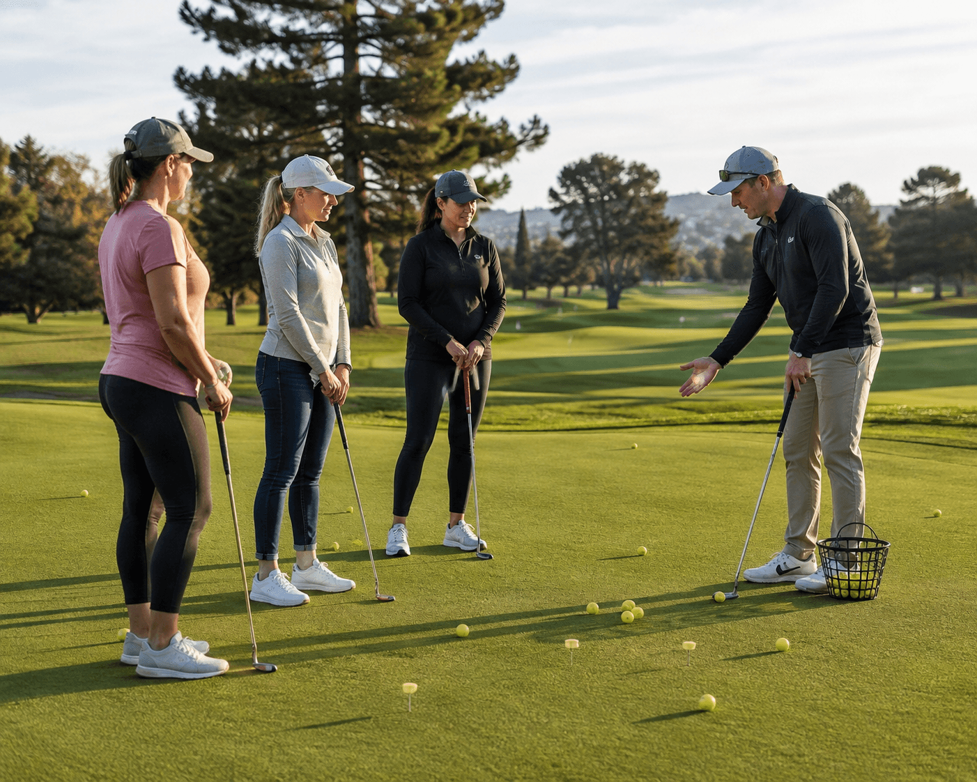 Golf instructor demonstrating a putting technique to three women during a casual group golf lesson on a practice green.