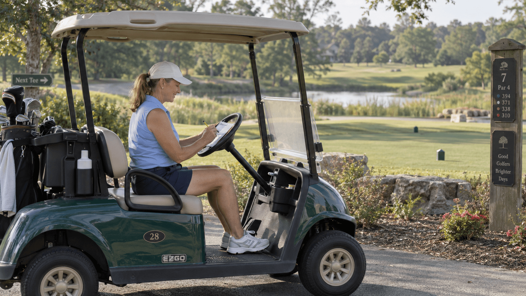 Woman sitting in a golf cart writing her score on a scorecard with a short golf pencil while waiting near the next tee.