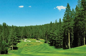 Tree-lined fairway at Tahoe Donner Golf Course.
