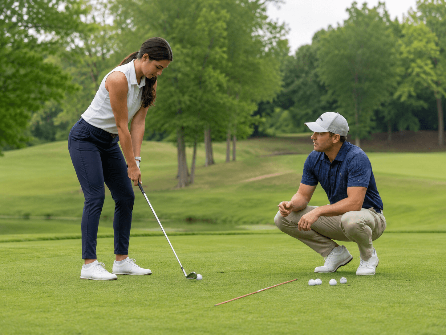A golf coach crouches beside a woman golfer at address during an outdoor lesson on a golf course.