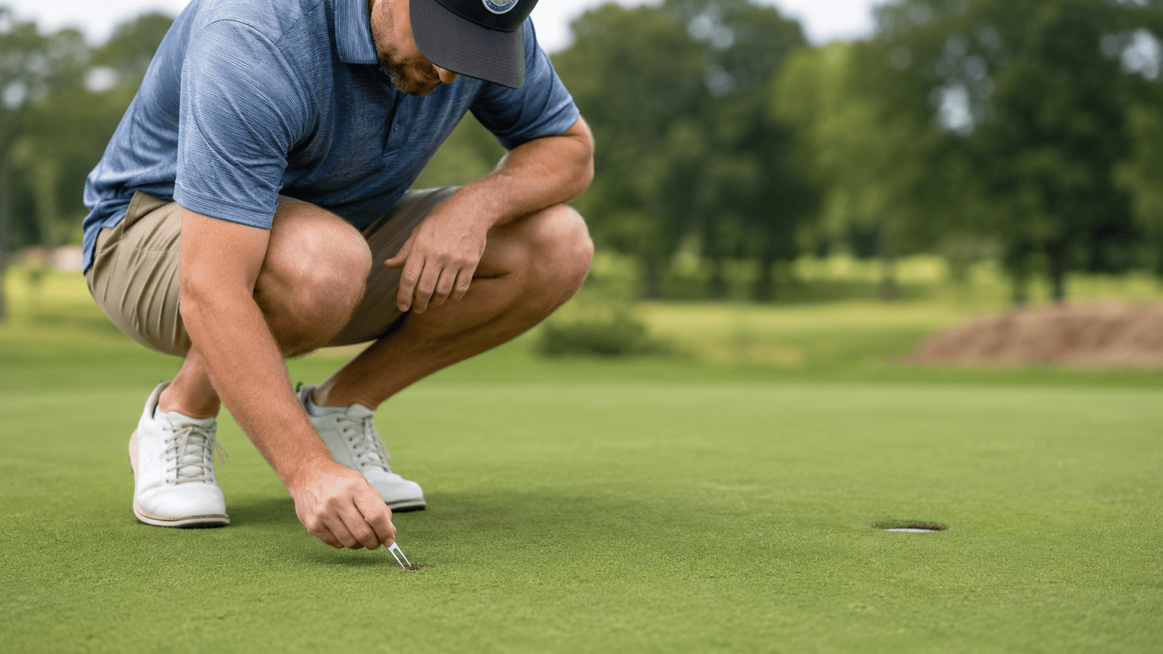 Golfer crouches on a putting green and repairs a ball mark with a divot tool.