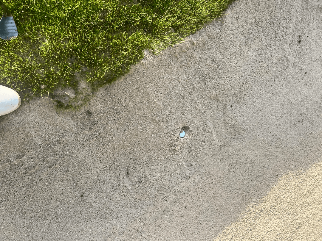 A golf ball buried in bunker sand just below the grassy edge.