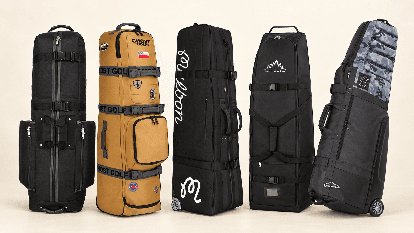 Five golf travel bags in different styles and shapes lined up side by side on a light background, with the BirdieYard logo above them.