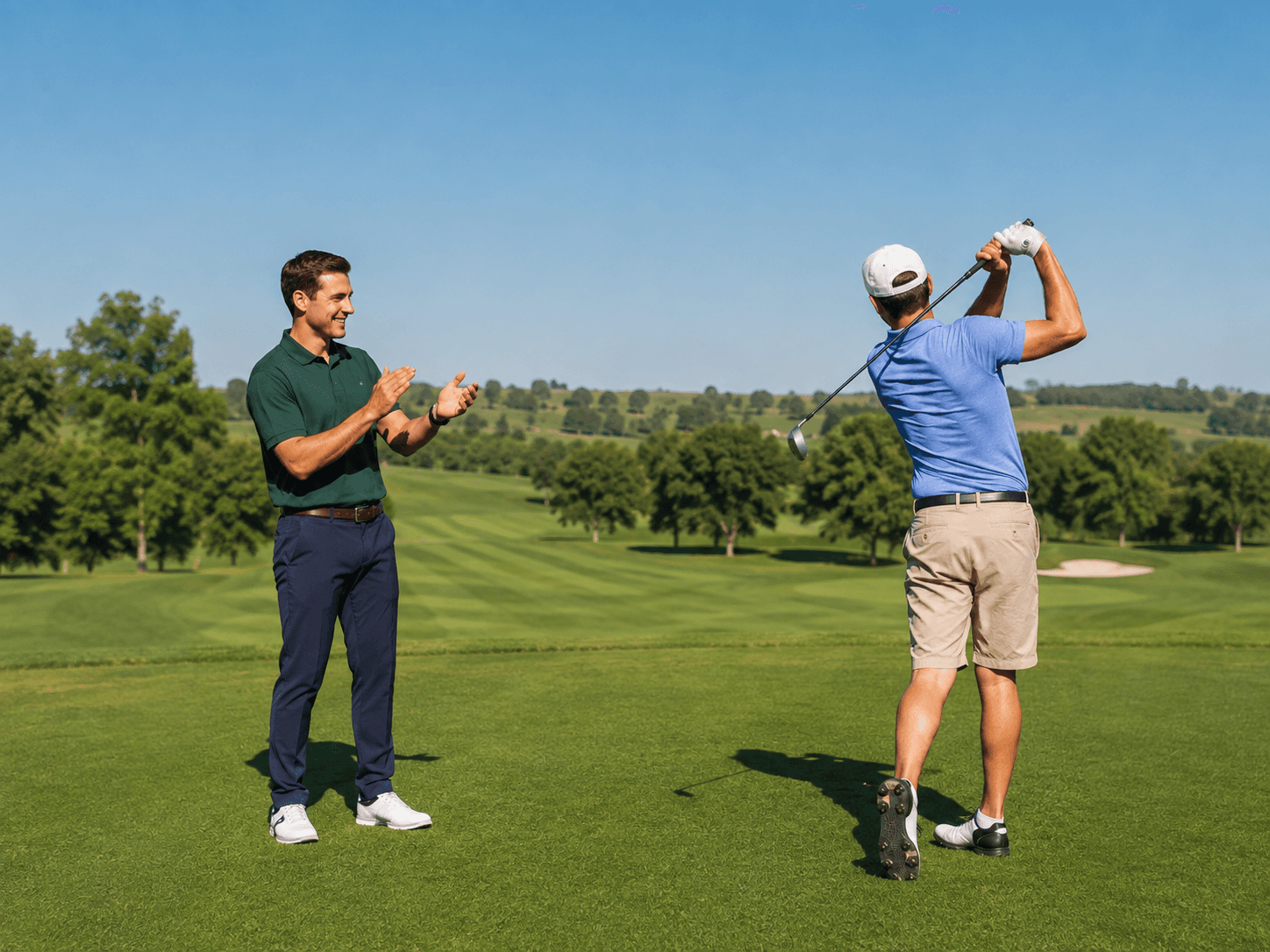 Golf coach in a green polo and navy pants applauds a student after a swing on a sunny local golf course.