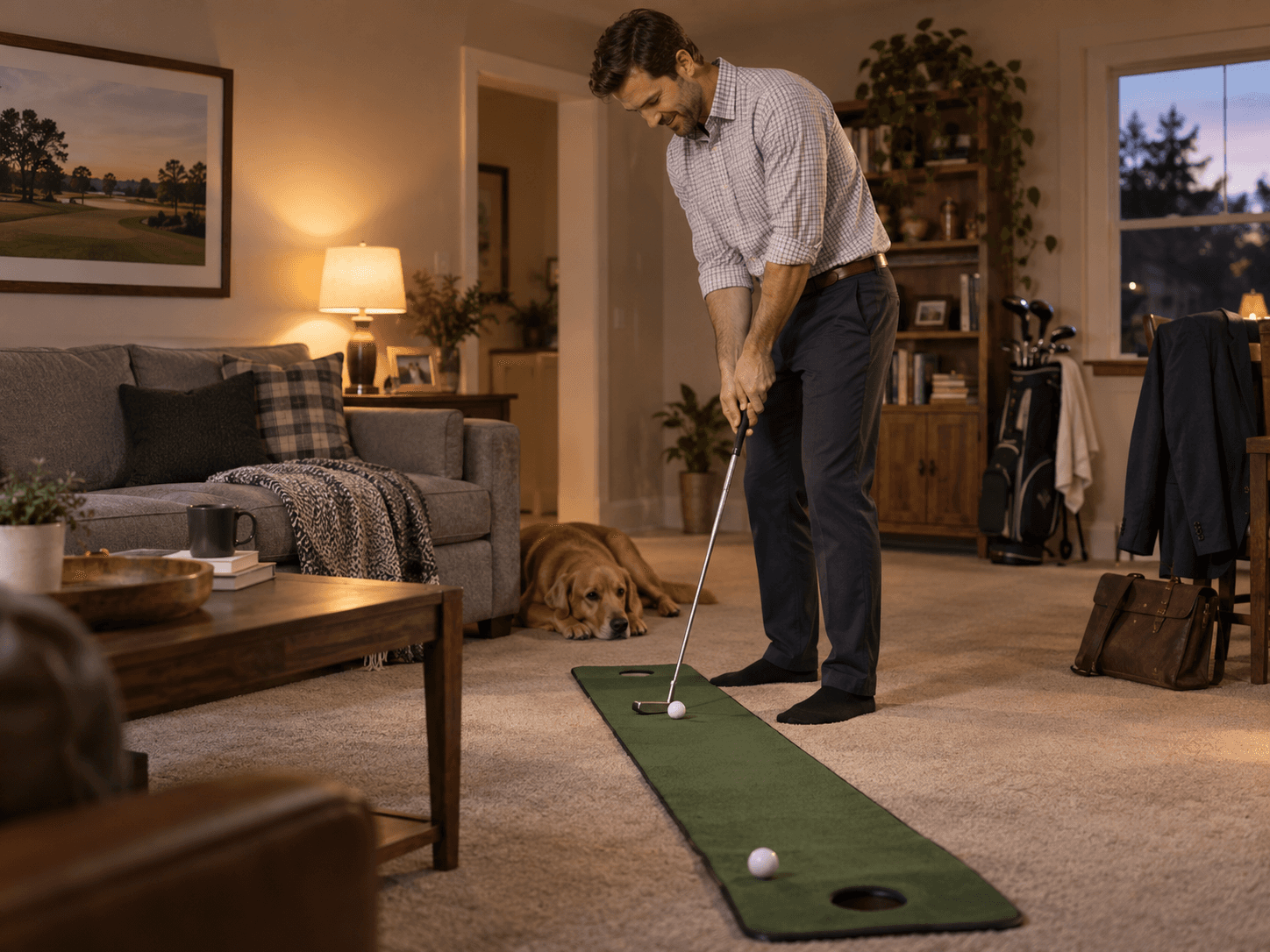 A casually dressed man in dark socks practices putting on an indoor mat in his carpeted living room after work, using an old putter, with a golf bag, briefcase, and family-room furniture in the background.